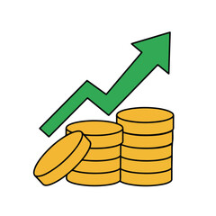 A green arrow ascends above stacks of yellow coins One coin is angled away