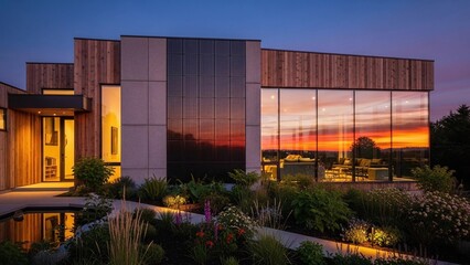 Fototapeta premium Modern home exterior with sunset reflection in large windows and garden view.