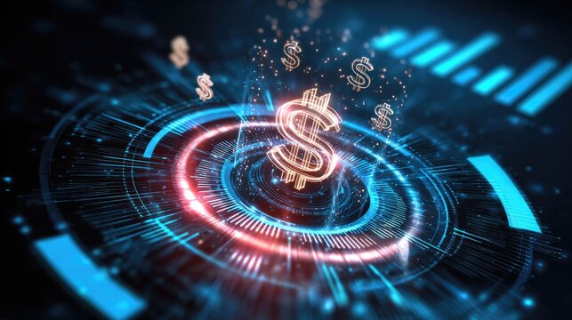 A futuristic digital representation of currency with dollar signs and analytics, symbolizing finance, technology, and economic growth