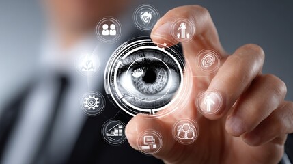 A close-up of a business professional's hand interacting with digital icons, symbolizing innovation and technology concepts in a modern environment.