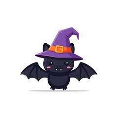 Adorable black bat character wearing a purple witch hat for Halloween. A cute and spooky cartoon mascot with wings spread, isolated on a white background