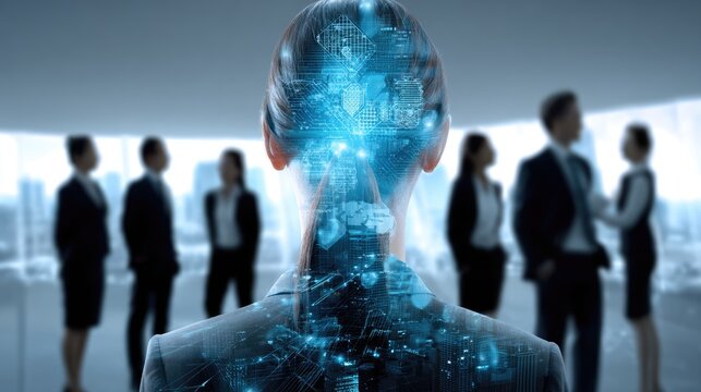 A digital silhouette of a business professional with a futuristic overlay, representing innovation, technology, and leadership in the corporate world.