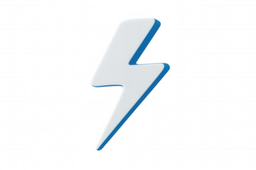 Lightning bolt symbol featuring white body, electric blue outline, 3d rendered on transparent backdrop, representing energy and power dynamics