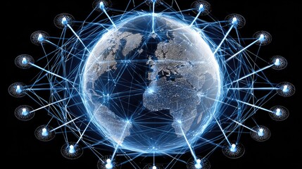 A digital representation of the Earth interconnected with network lines, symbolizing global connectivity and advanced technology, illustrating the information age and digital commu