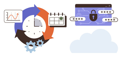 Clock with circular arrows, graph, calendar, cloud, password-input box with lock. Ideal for time management, workflow automation, cloud computing, cybersecurity data protection productivity tools