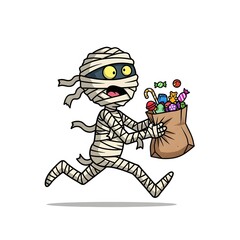 Playful cartoon mummy character dashes away gleefully, clutching a bountiful bag brimming with colorful Halloween candies, perfectly capturing the spirit of trick-or-treating fun