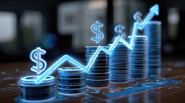 This image showcases a digital representation of financial growth, featuring stacks of coins and an upward trending graph, symbolizing investment success and economic progress.