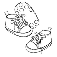 A black and white line drawing of two baby sneakers, one with a polka dot insole.