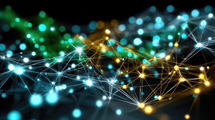 An abstract representation of a network with glowing nodes connected by lines, illustrating the intricate relationships in technology and data. Perfect for showcasing connectivity.