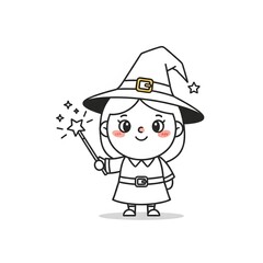 Charming Little Witch with Magic Wand A Delightful Illustration for Halloween and Fantasy Themes
