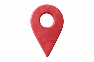 Location pin in vibrant red, textured surface, rendered in 3d, floating against transparent backdrop, marking precise geographical point