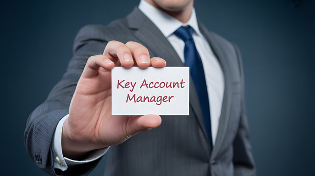 Confident professional presents business card identifying role as Key Account Manager