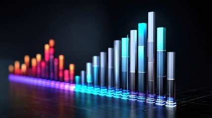 Obraz premium A vibrant digital sound wave visualization showcasing bars of varying heights illuminated in multiple colors against a dark background, representing audio frequencies.