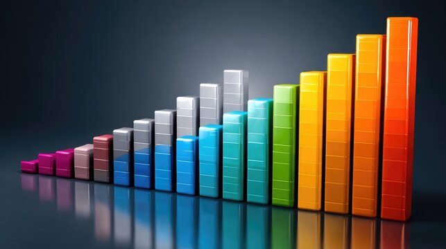 A visually striking bar graph with vibrant columns represents data growth and progress