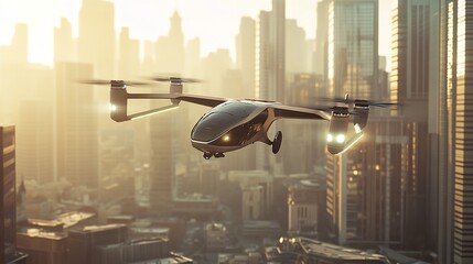 Passenger transportation of the future. Air vehicle, flying car drone air taxi. Electric eco self-driving passenger drone aircraft flying in the sky above the city. Sci fi ship futuristic future