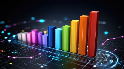 Obraz premium A colorful bar graph illustrating data trends, against a digital background. This image showcases growth, analysis, and technology in finance and business metrics.