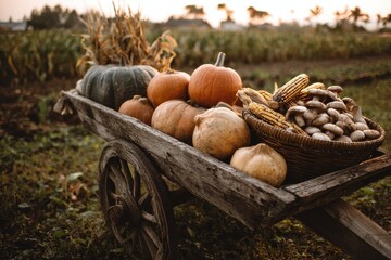 Wooden cart filled with harvested pumpkins and corn, symbolizing autumn's bounty