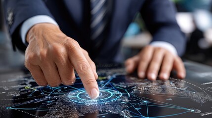 A businessman in a suit interacts with a futuristic digital interface, highlighting innovation and technology. The glowing elements depict data analysis and advanced connectivity.