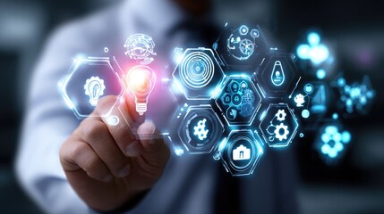 A professional interacting with a digital interface showcasing various technological icons and data. The futuristic design represents innovation in the digital age.