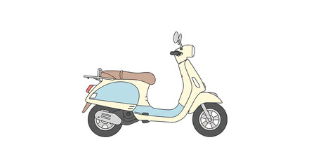 Fototapeta premium Charming Vintage Style Scooter in Cream and Light Blue with a Brown Seat on a White Background Offering a Nostalgic and Stylish Ride for Urban Exploration and Leisurely Cruising Capturing the Essence 