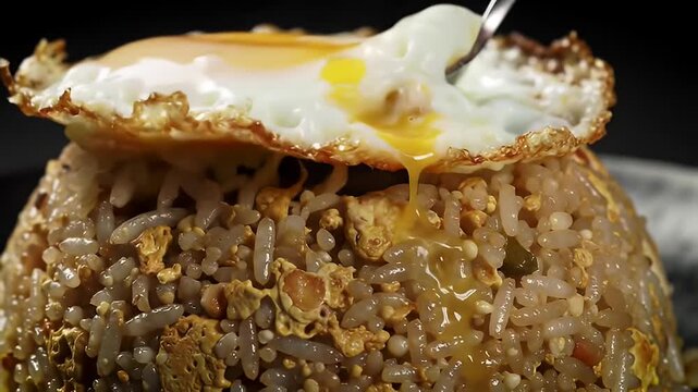 Close-up of a fried egg with a runny yolk being placed on top of a mound of fried rice.