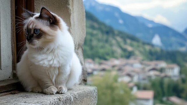 Ragdoll Cat Overlooking the Picturesque Tranquil Village