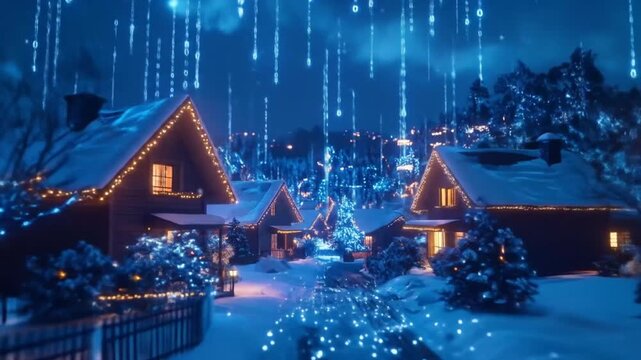 Snowy Village with Digital Rain, Christmas Lights, Winter Scene