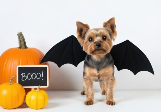 Cute yorkshire terrier dressed as a bat for halloween, posing with pumpkins and a booo sign, isolated on white background
