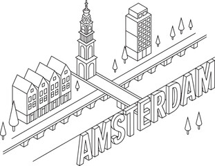 Fototapeta premium Amsterdam Cityscape Isometric View with Canals, Buildings, and Bridges Vector Design