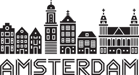 Amsterdam Skyline Silhouette Vector Illustration with City Name Typography Design Element