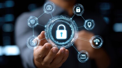 A close-up view of a person's hand presenting a digital padlock symbol surrounded by interconnected icons representing cybersecurity and data protection. Modern technology concept.