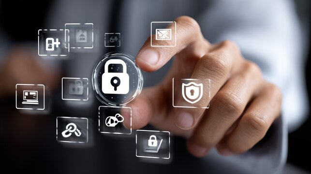 A close-up of a hand interacting with a digital interface, showcasing security and data protection icons. Emphasizes the importance of cybersecurity in modern technology. - Powered by Adobe