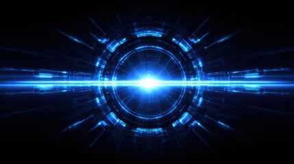 Obraz premium A futuristic blue light burst emanates from a circular core, creating a stunning visual effect. Ideal for use in tech-related projects, digital art, and backgrounds.