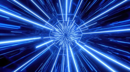 Obraz premium A futuristic scene depicting dynamic rays of blue light moving rapidly, creating a sense of speed and motion. This vibrant digital artwork evokes feelings of energy and innovation.