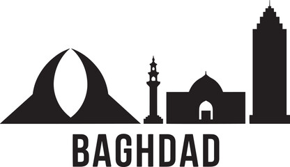 Baghdad Cityscape Silhouette Vector Illustration with Landmark Icons and Typography Design