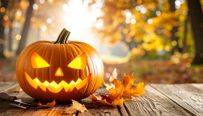 Jack-o'-lantern on rustic wooden table in autumnal setting