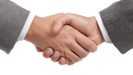 Close-up of two hands shaking.  Business people's hands meeting in a handshake,  dressed in light gray suits.  Focus on the hands