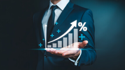 Businessman presenting positive financial growth chart with upward trend and percentage sign