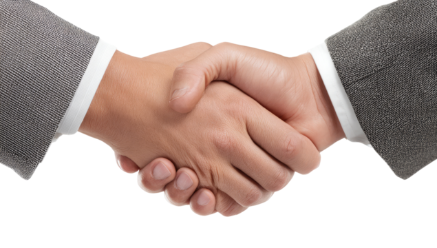 Close-up of two hands shaking.  Business people's hands meeting in a handshake,  dressed in light gray suits.  Focus on the hands