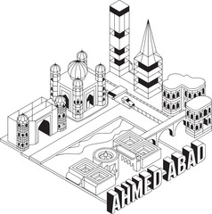 Isometric Ahmedabad Cityscape Illustration Depicting Architecture and Urban Planning Design