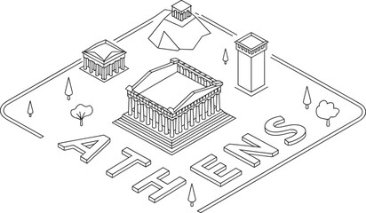 Isometric Athens Cityscape Outline Illustration Featuring Parthenon and Ancient Greek Landmarks
