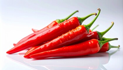 A close-up photograph of several vibrant red chili peppers with green stems, arranged on a reflective surface.
