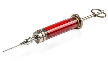 Antique medical syringe with red fluid isolated on transparent background