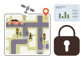 Satellite tracking vehicle and pedestrian on roads, traffic signals, data analysis chart, and lock representing security. Ideal for technology, urban planning, safety, data, transportation