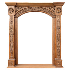 Antique carved wooden arched doorway isolated on transparent background