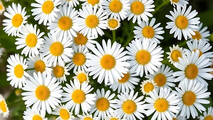 Fresh daisy flowers in circular arrangement, highlighting white petals and yellow centers with natural light.