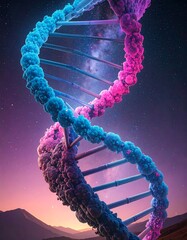 DNA helix, vibrant colors, night sky