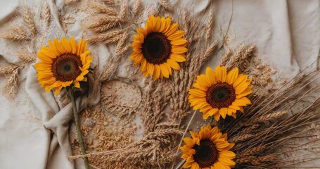 At start, camera focusing, panning over sunflower wheat flatlay on linen cloth, showing textures - Powered by Adobe
