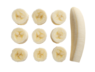 Nine sliced bananas arranged in a grid pattern, with a single banana peel to the right