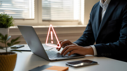 Businessman facing digital alert warning on laptop screen while working
